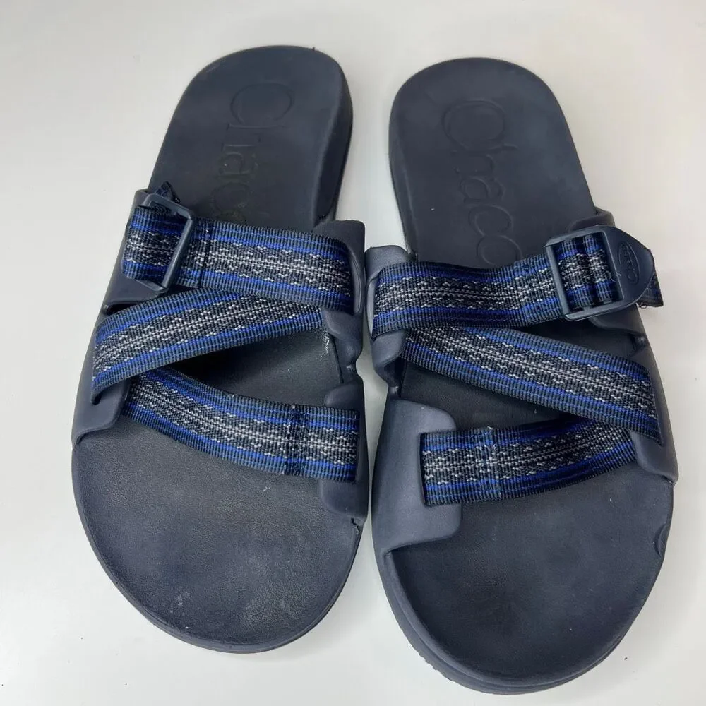Chaco Men's Chillos slides feature blue and gray patterned adjustable straps and